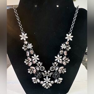 Floral Black & White Fashion Necklace. Marcasite Look Statement Piece